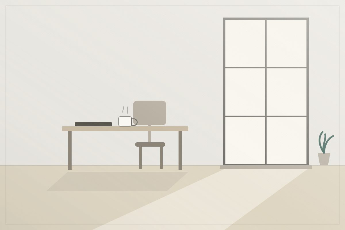 Illustration: a desk by a tall window in soft morning light — laptop closed, coffee poured, nobody rushed.