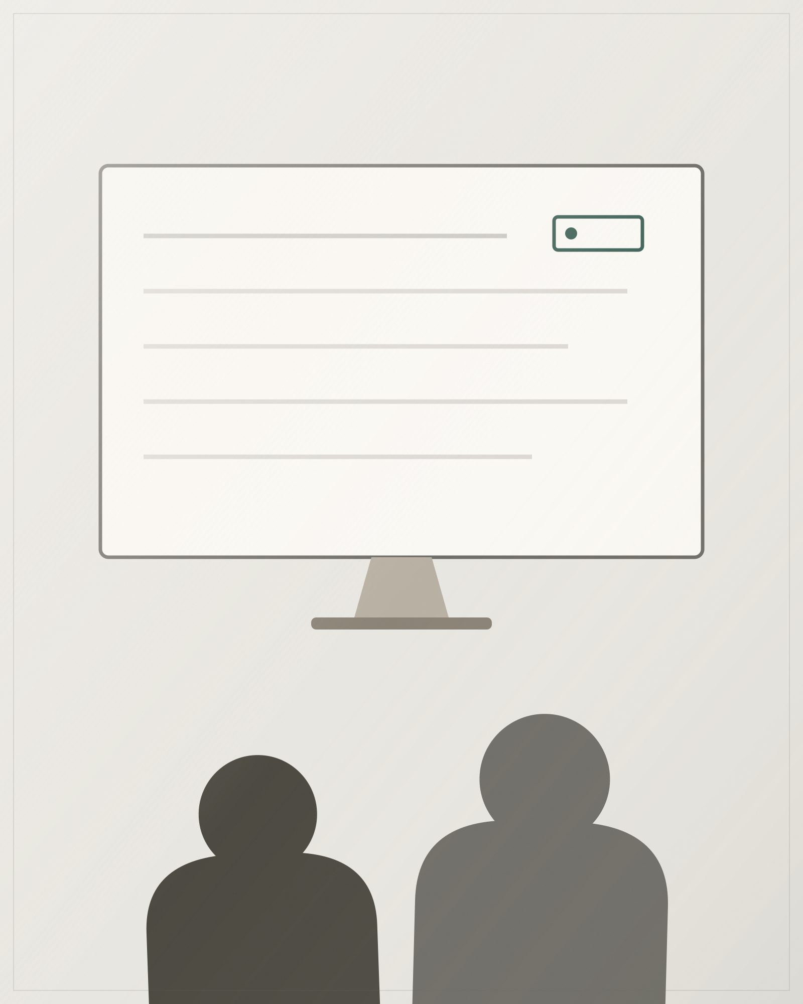 Illustration: two colleagues seen from behind, reading one shared screen together.