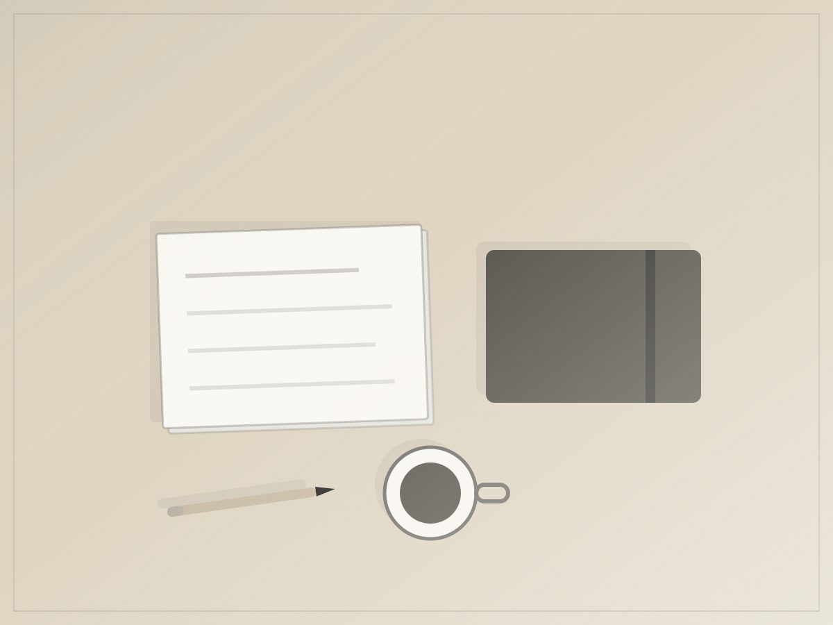 Illustration: a tidy desk from above — a squared stack of paper, a closed notebook, a finished coffee.