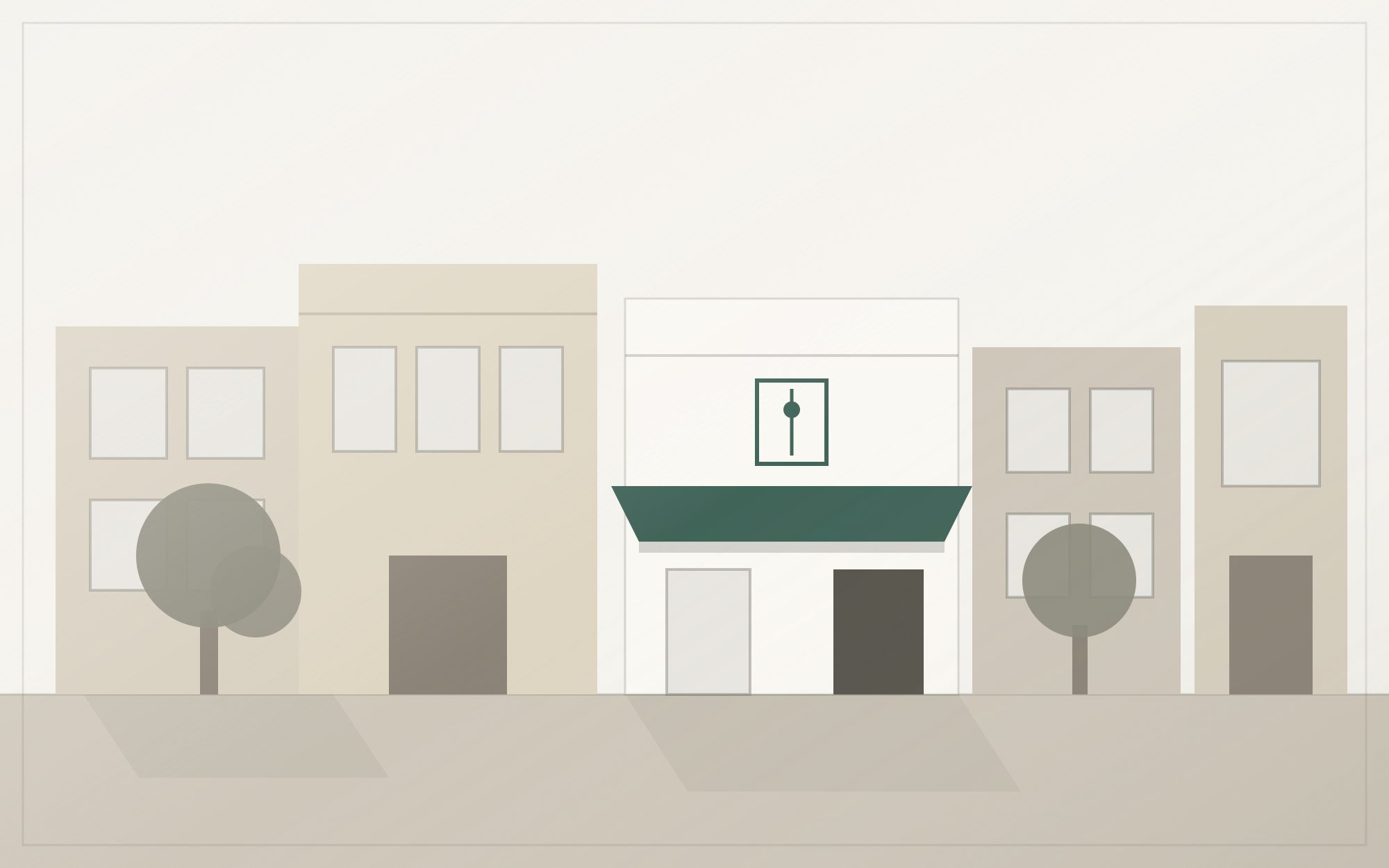 Illustration: a small-town main street; among the storefronts, a branch with a green awning.